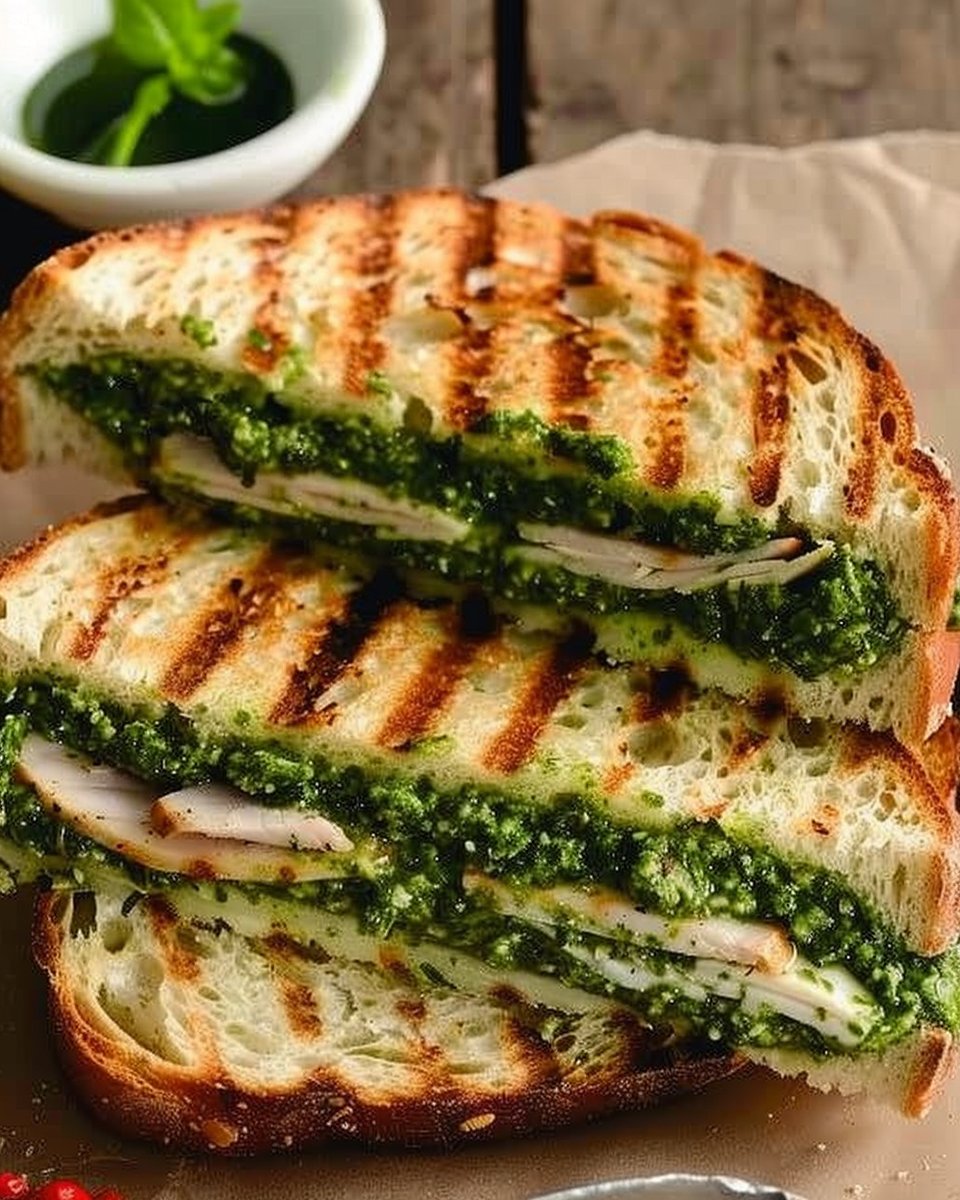 Grilled Turkey Pesto Sandwich with Fontina Cheese | Sandwich recipes pesto, Healthy pesto sandwich, Pesto panini