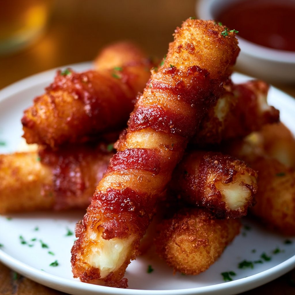 Knusprige Rindfleisch-Bacon-Mozzarella-Sticks