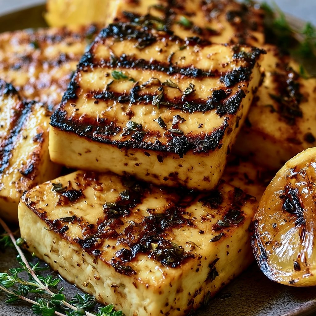 Griechischer gegrillter Tofu mit Zitrone und Thymian