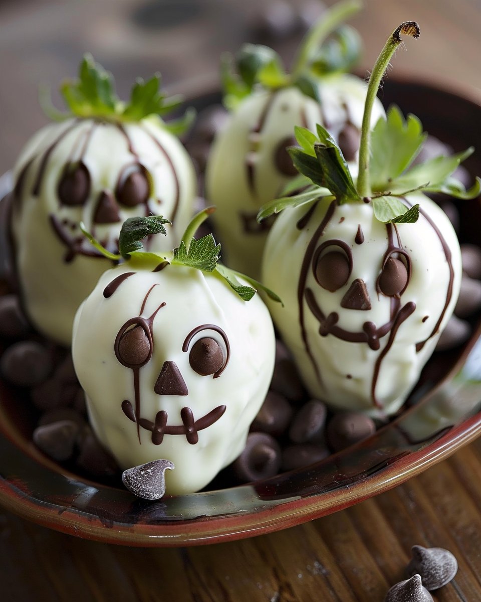 Halloween Recipe: Chocolate Covered Strawberries with Ghost Faces | Fun Halloween Appetizers, Halloween Cake, Edgy Street Mini Skirt