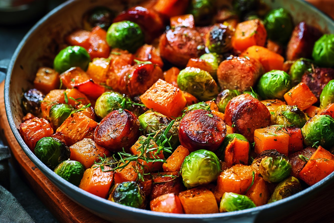 Autumn Sausage Dinner with Roasted Veggies (Butternut Squash and Brussels Sprouts)