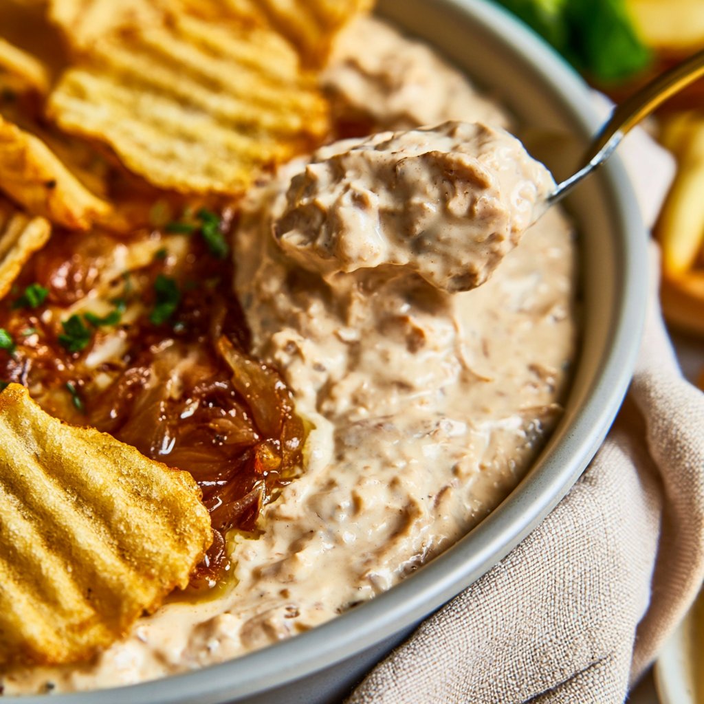 Caramelized French Onion Dip with Wavy Potato Chips