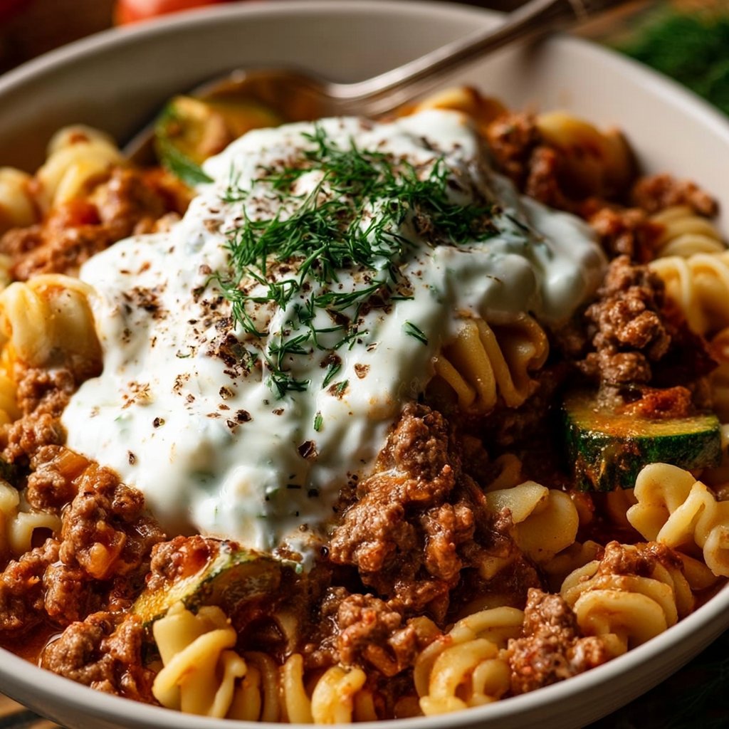 Türkische Pasta mit Hackfleisch und Joghurt-Sauce
