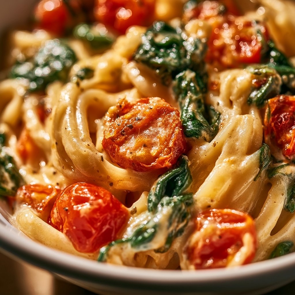 Cremige Nudeln mit Tomaten und Spinat