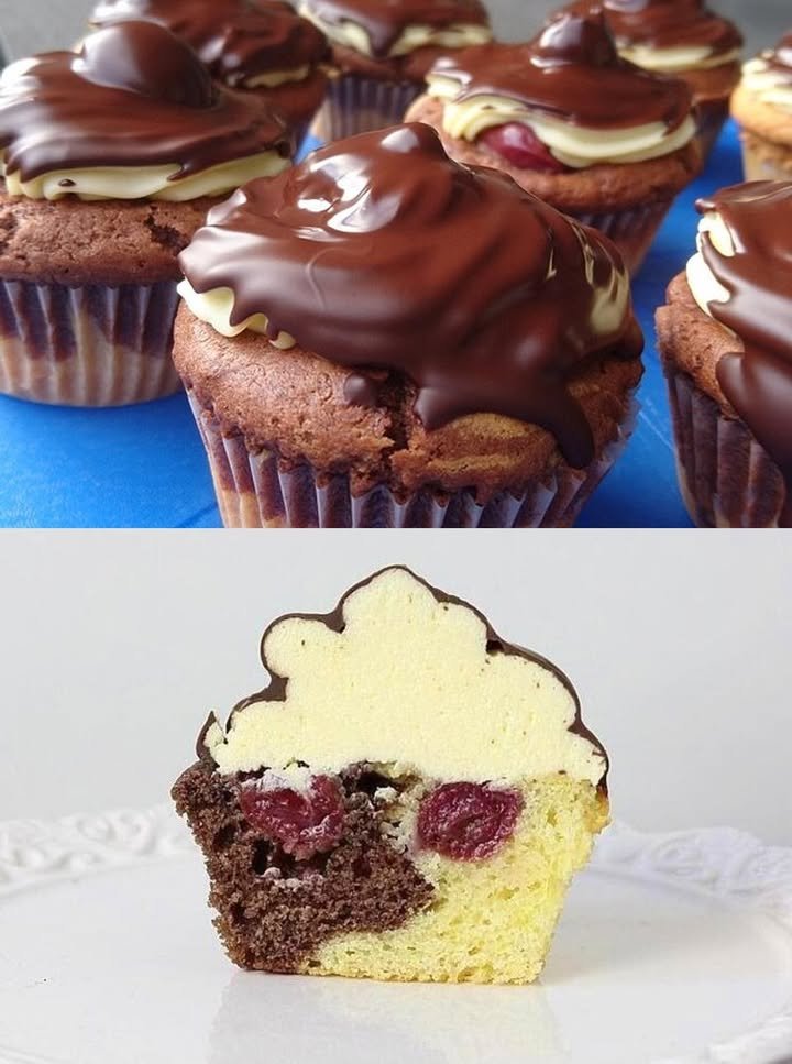 Schokoladen-Muffins mit Vanillepudding und Sauerkirschen