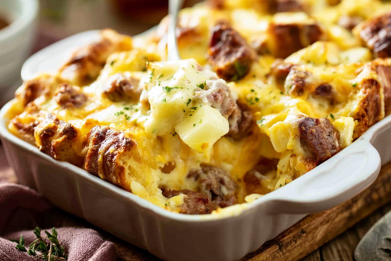 Apple Cheddar and Sausage Breakfast Strata