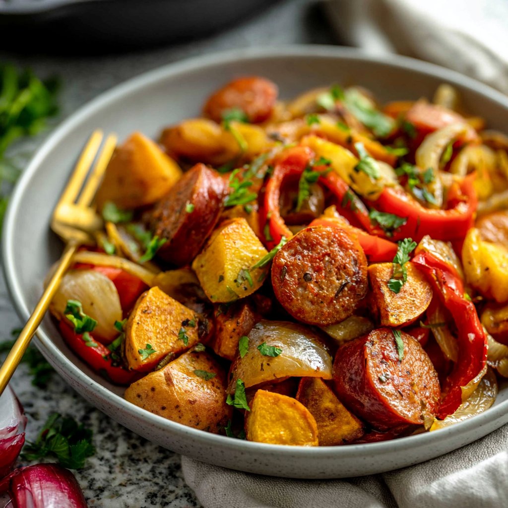 Sheet Pan Sausage with Peppers, Onions, and Sweet Potatoes