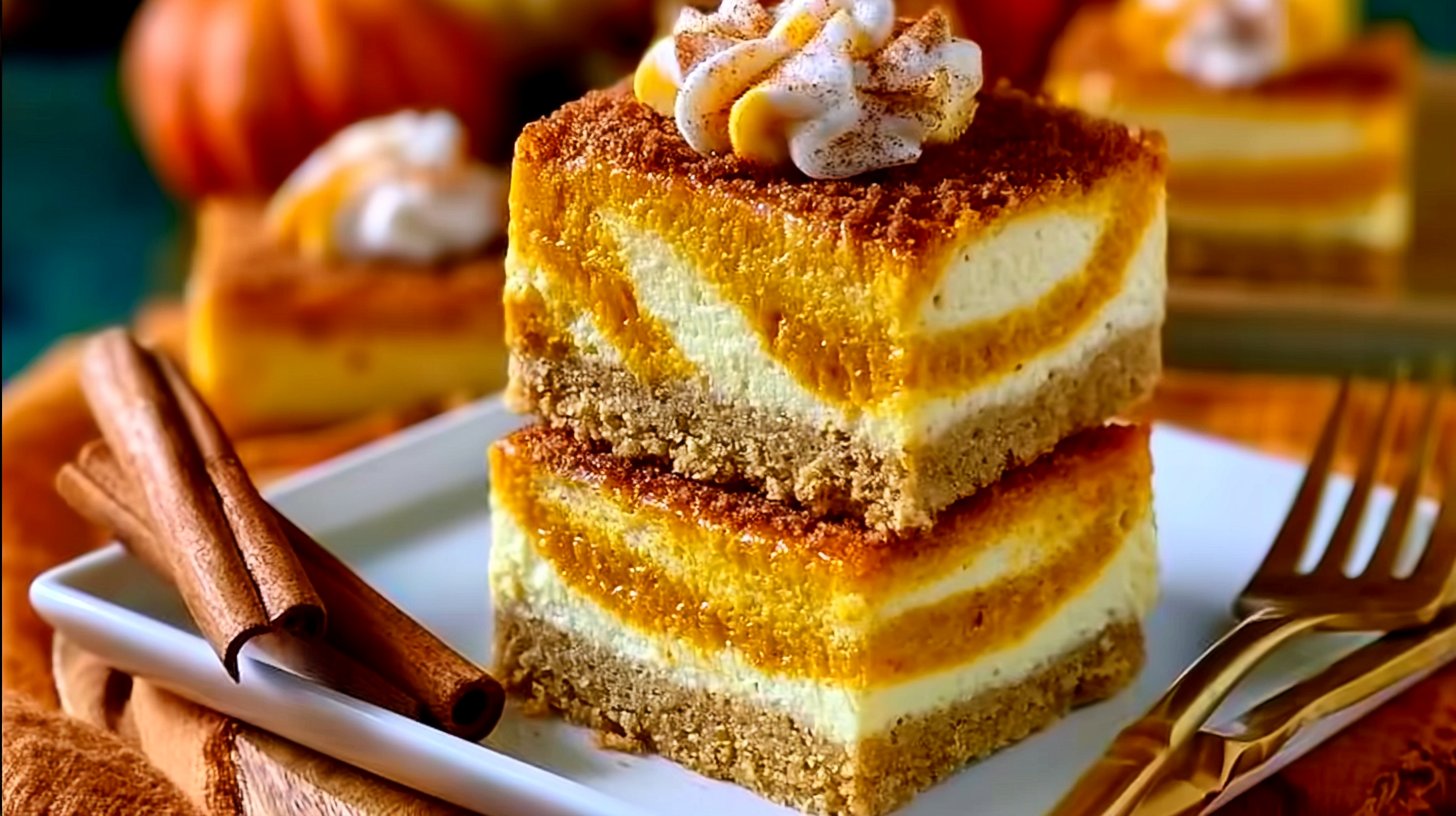 Pumpkin Bars with Cream Cheese Swirl