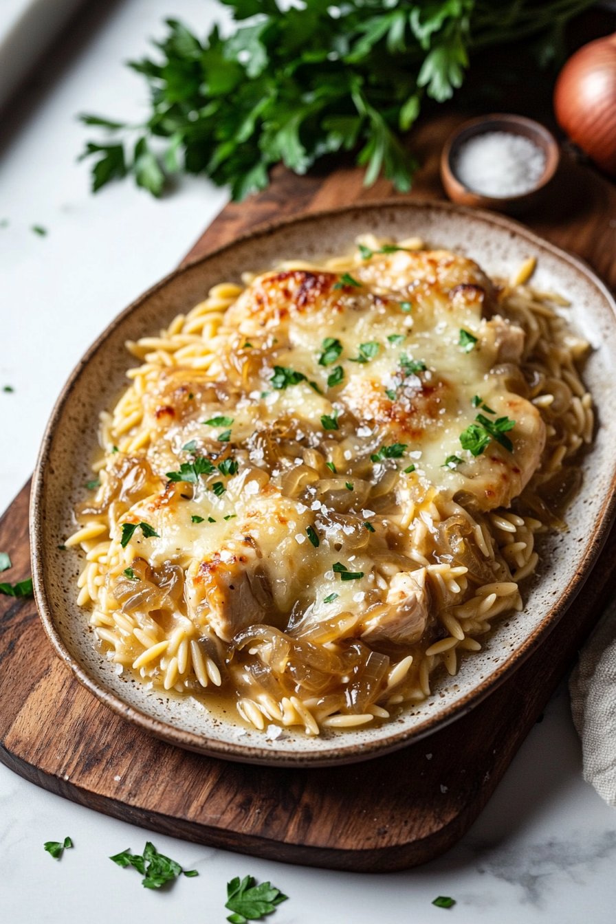 French Onion Chicken Orzo Casserole
