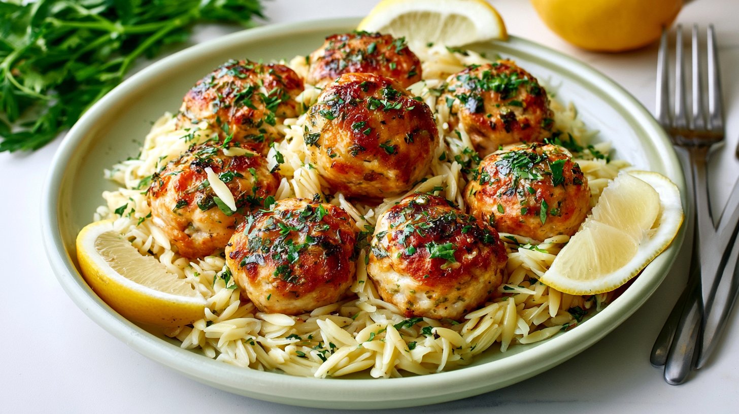 Savory Greek Chicken Meatballs with Zesty Lemon Orzo