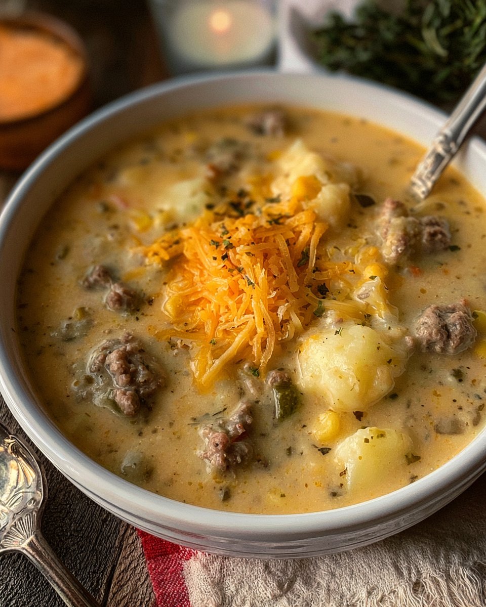 Slow Cooker Cheeseburger Soup - Fit Slow Cooker Queen
