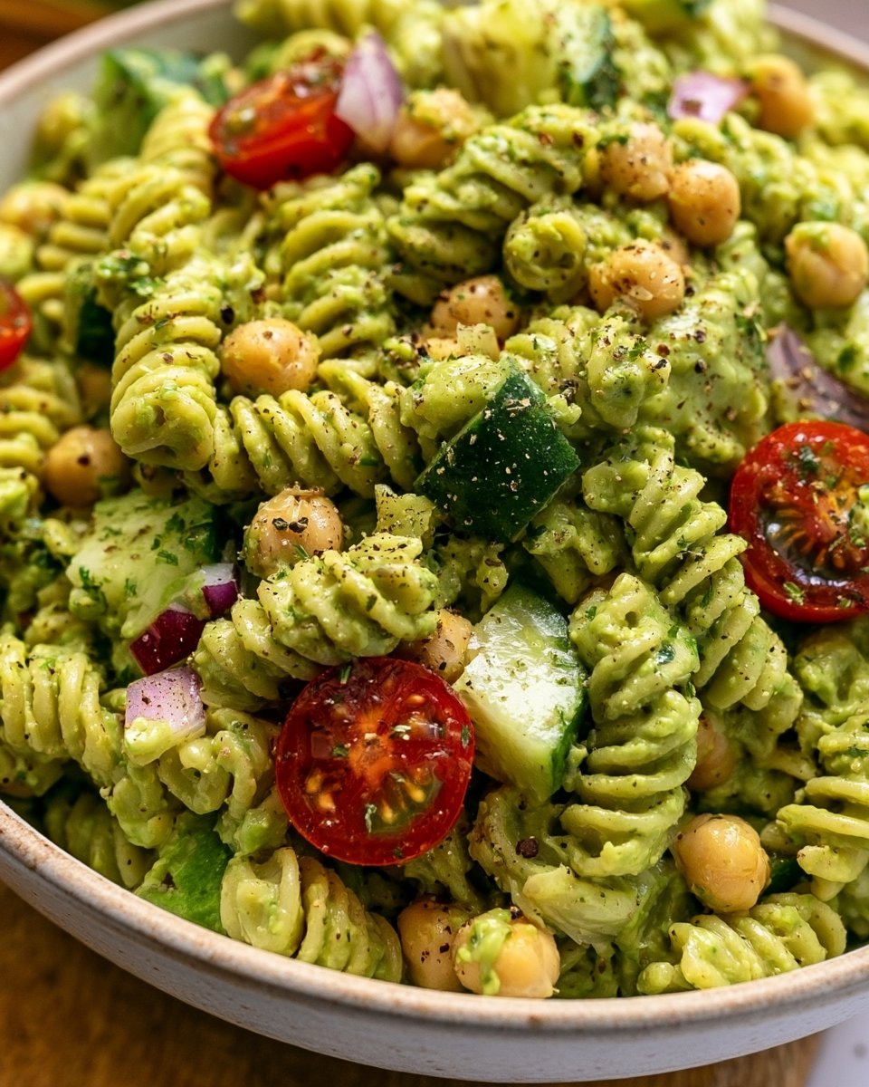Proteinreicher veganer Avocado-Nudelsalat