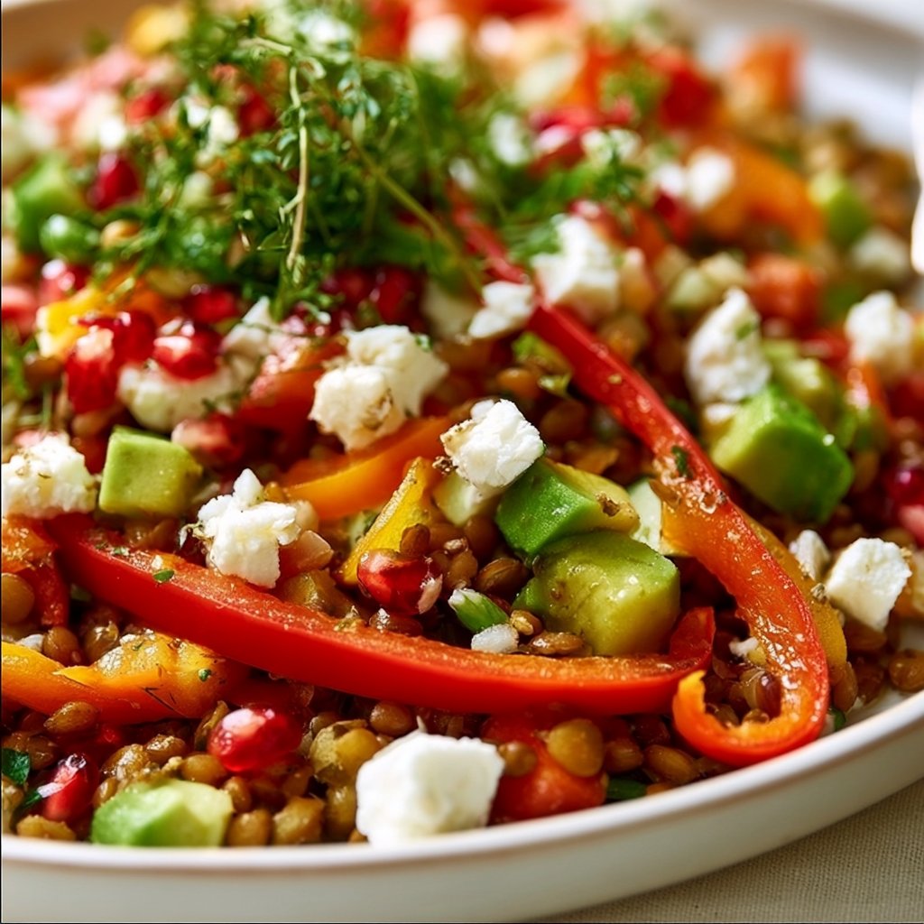 Orientalischer Linsensalat mit Feta, Avocado und Paprika