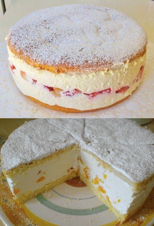 150 g sugar
1 packet vanilla sugar
5 eggs
150 g flour
6 sheets gelatine
175 g sugar
3 egg yolks
250...