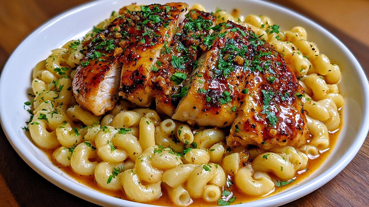 High Protein Honey Garlic Butter Chicken with Mac & Cheese