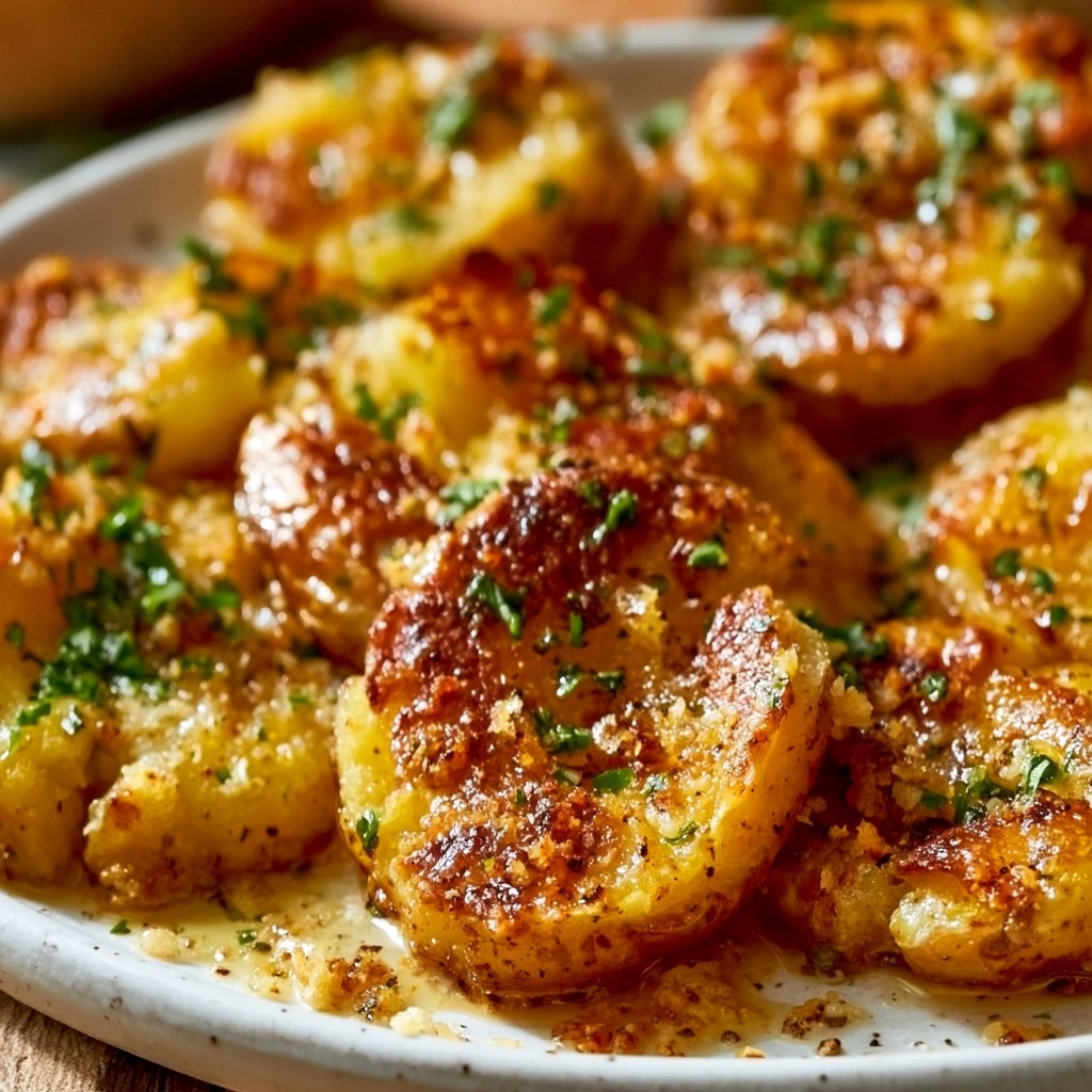 Crispy Garlic Butter Parmesan Smashed Potatoes