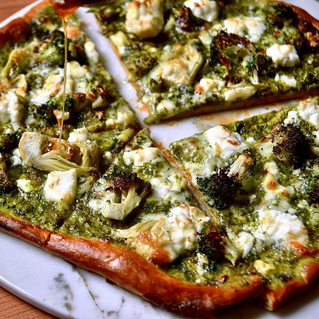 Green Pizza with Pesto, Feta, Artichokes, and Broccoli