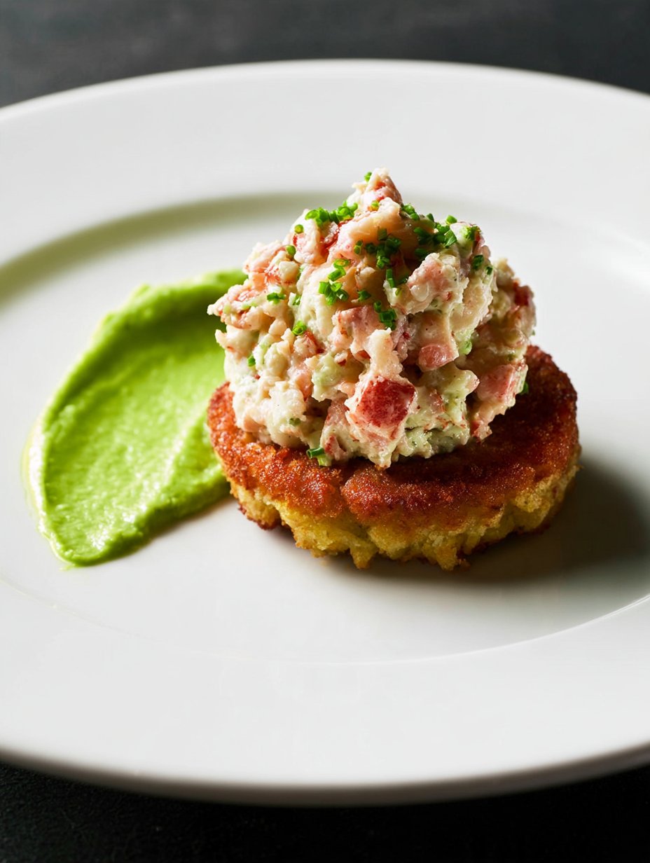 Tomate empanizado con panko, ensalada de langosta y puré de aguacate