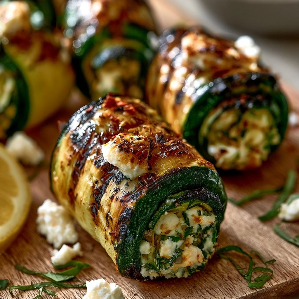 Gegrillte Zucchini-Röllchen mit würziger Feta-Kräuter-Füllung
