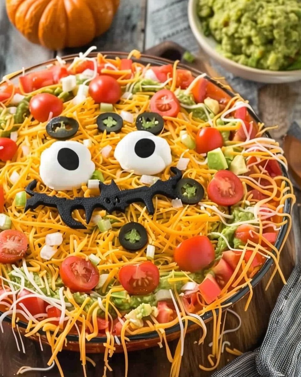 This spooky Halloween taco dip is filled with 7 layers of Mexican-inspired ingredients, from homemade guacamole to fresh… | Salsa halloween, Spooky halloween dish, Halloween food sides
