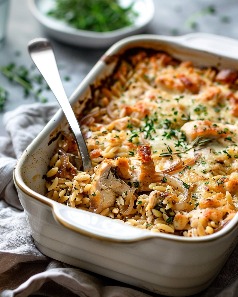 French Onion Chicken Orzo Casserole
