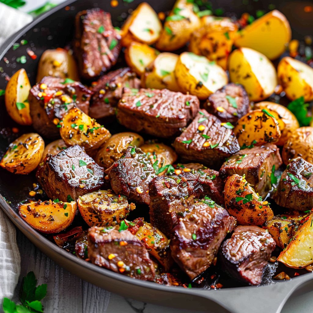 One-Pan Garlic Herb Butter Steak Bites & Potatoes