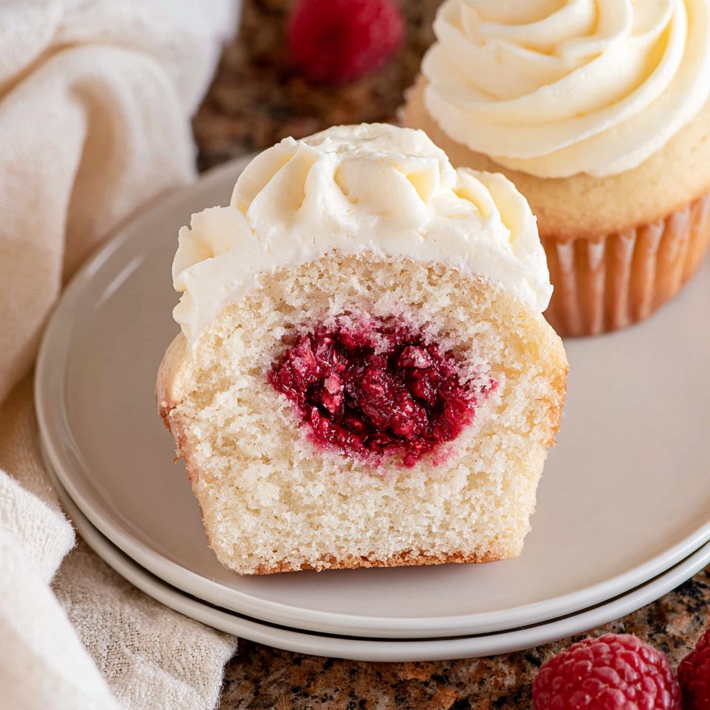 Almond Wedding Cake Cupcakes with Raspberry Filling