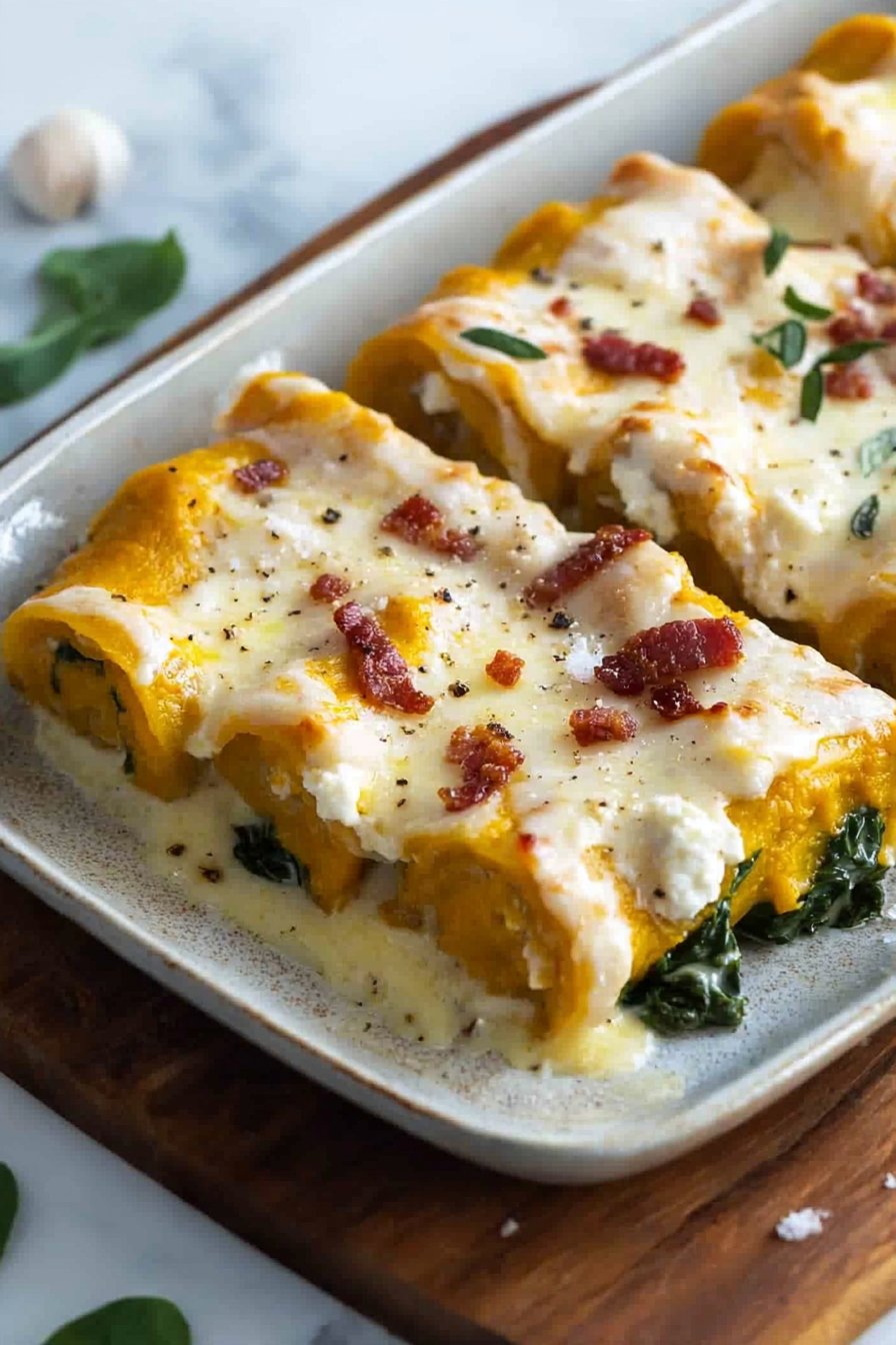 Creamy Pumpkin Lasagna Rolls with Bacon