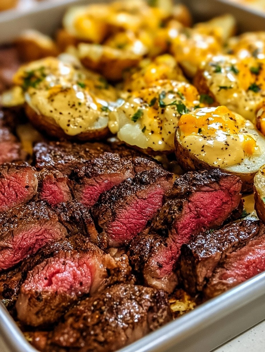 Horneado de Papas Cheddar y Bistec con Mantequilla de Ajo