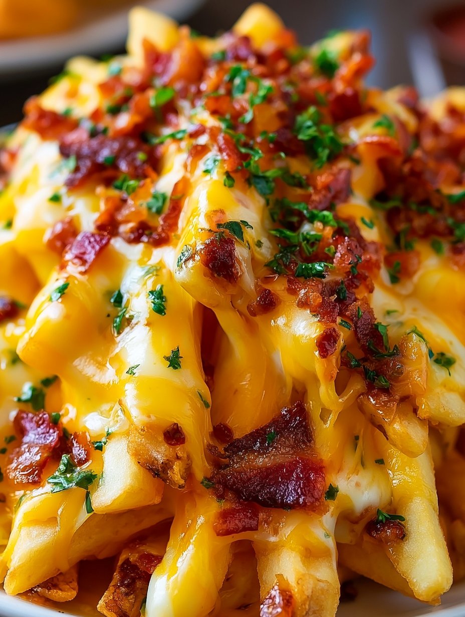 Papas fritas con queso y tocino de pavo