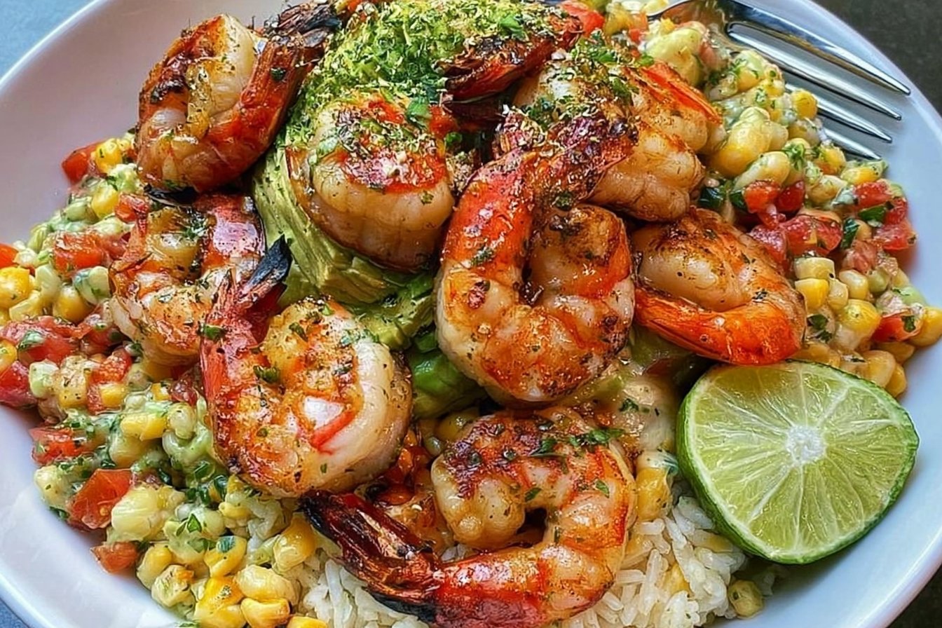 Grilled Shrimp Bowl with Avocado and Corn Salsa