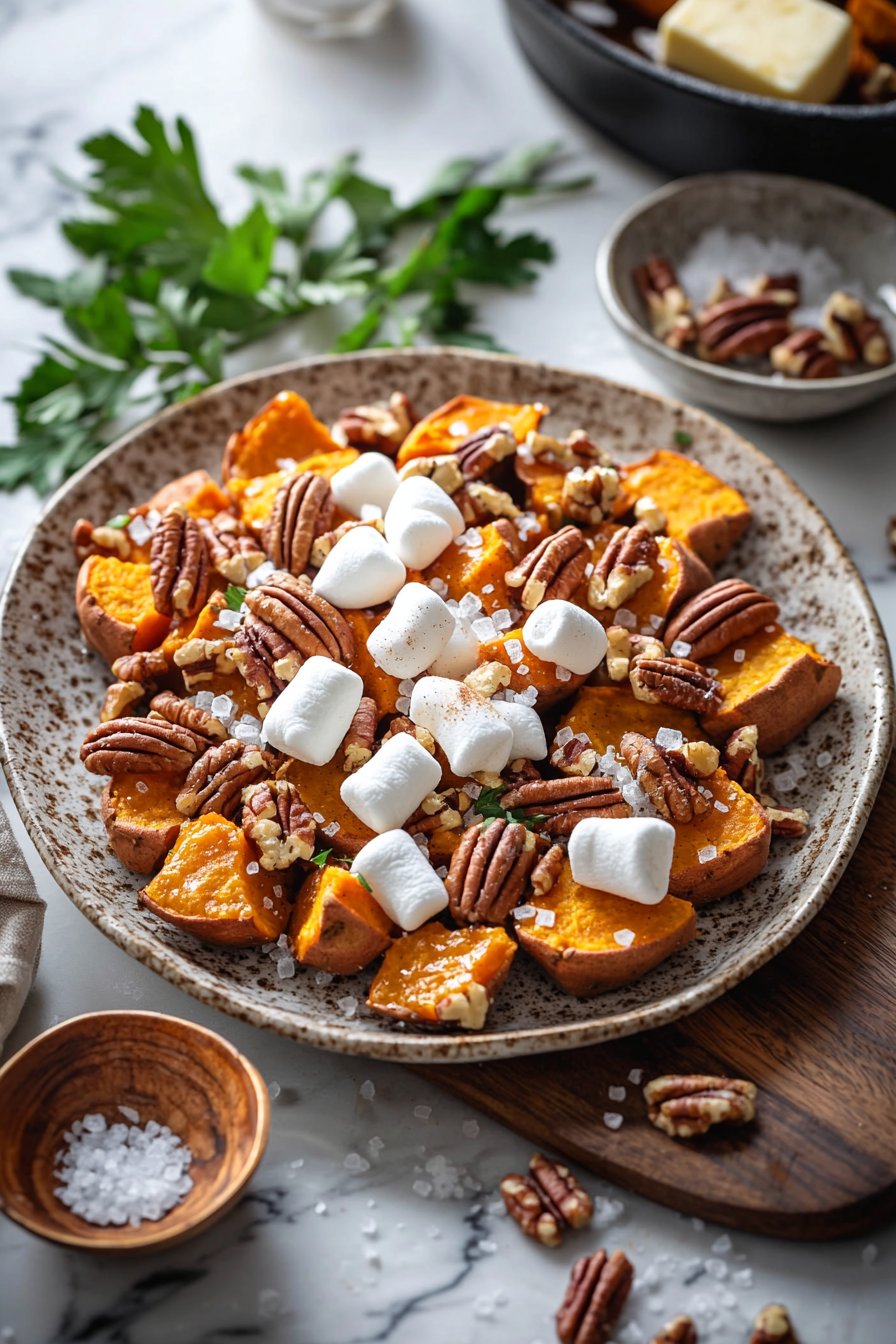 Süßkartoffelbissen mit Marshmallows und Pekannüssen