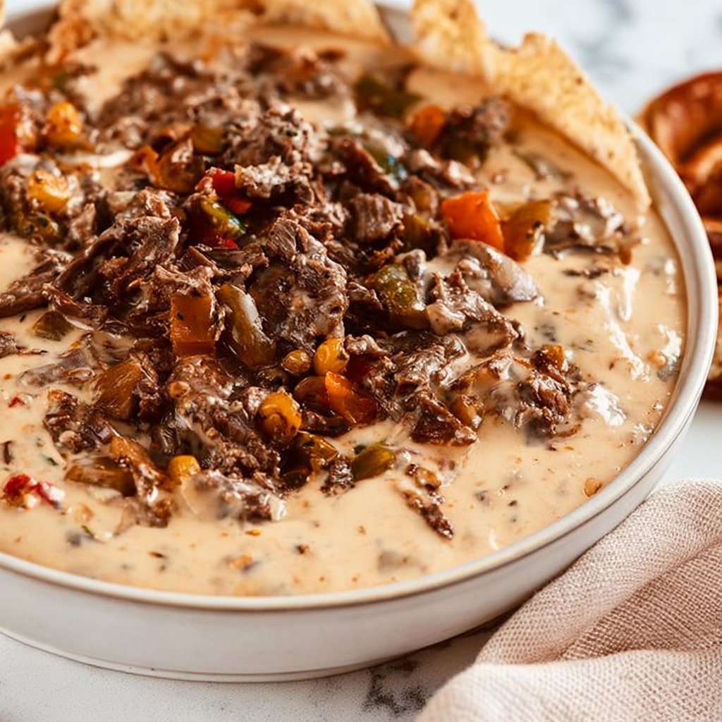 Skillet Philly Cheesesteak Queso Dip with Pretzels
