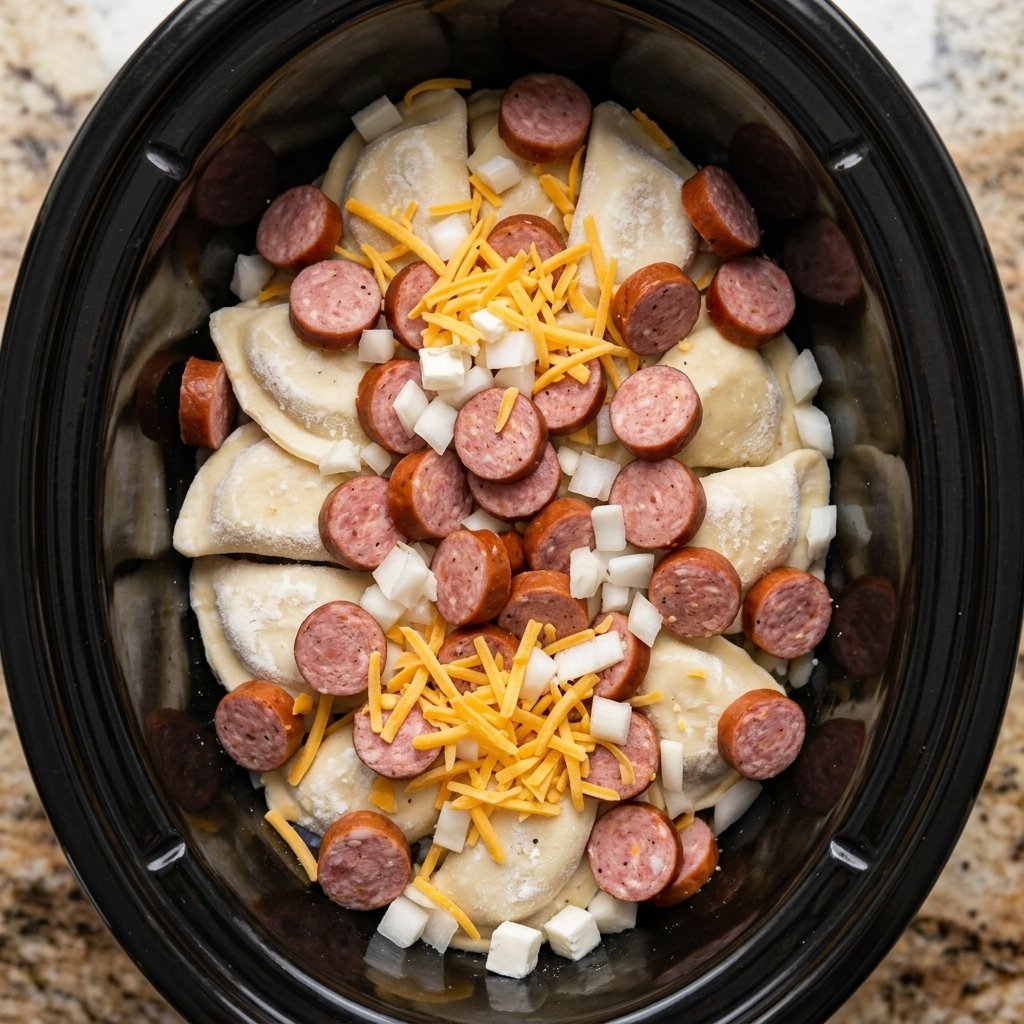 Crockpot Pierogi Casserole with Kielbasa