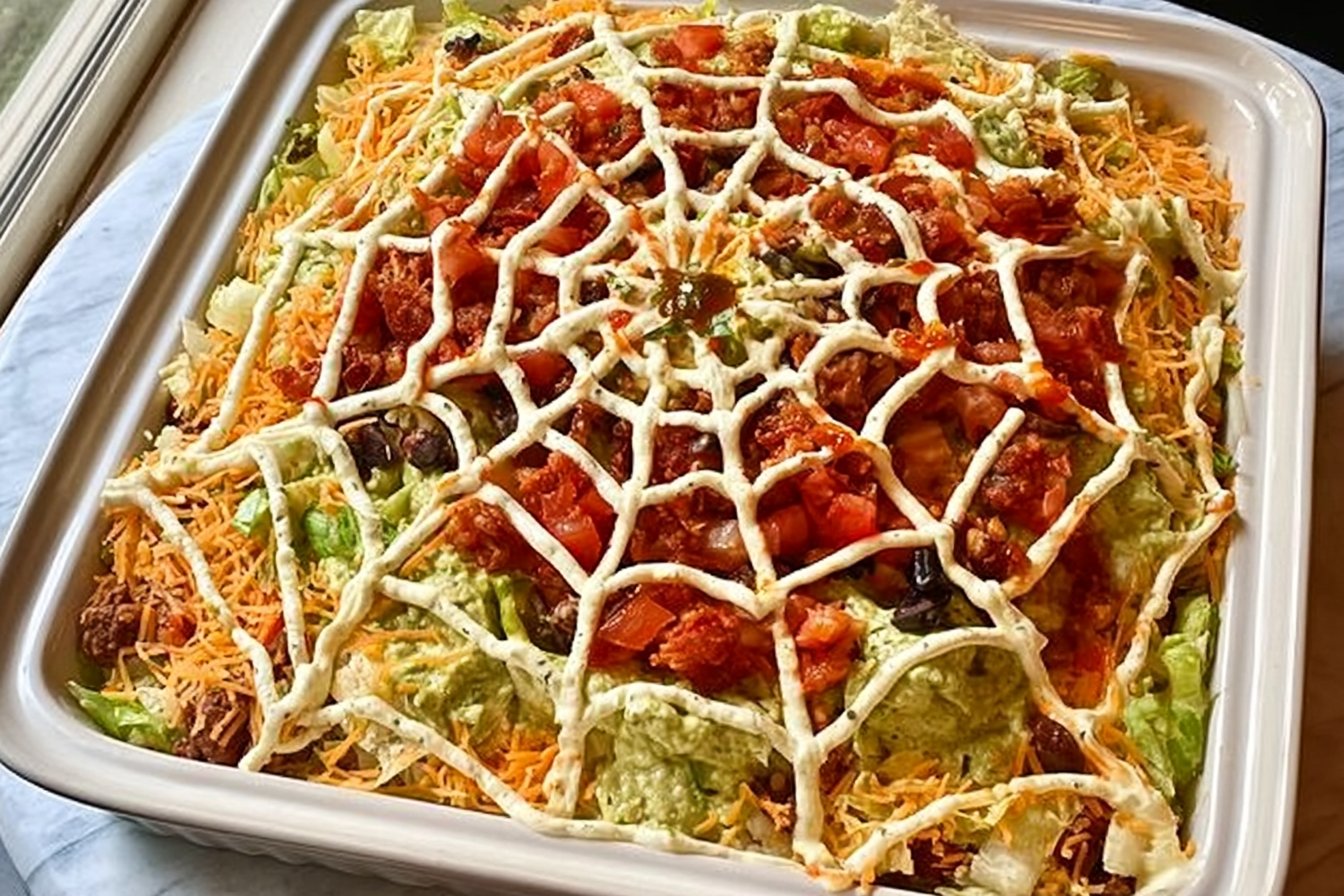 Spider Web Taco Salad Recipe | Halloween taco dip, Halloween potluck, Halloween food dinner