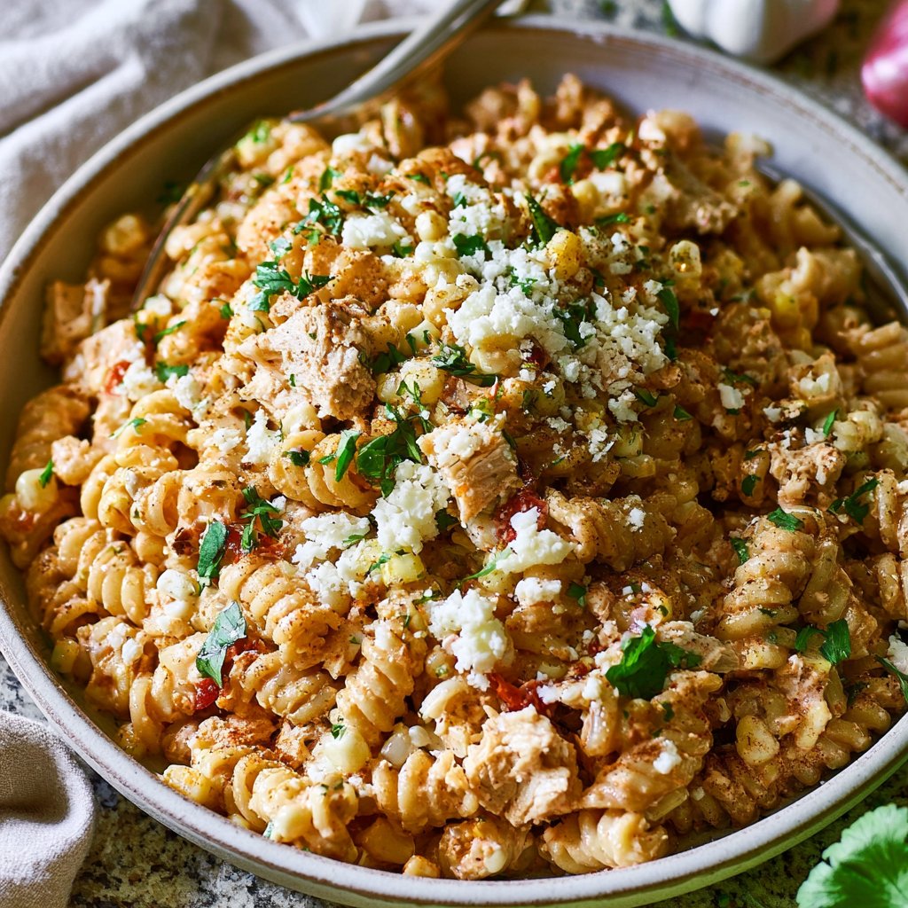 Quick Elote Inspired Pasta Salad with Chicken