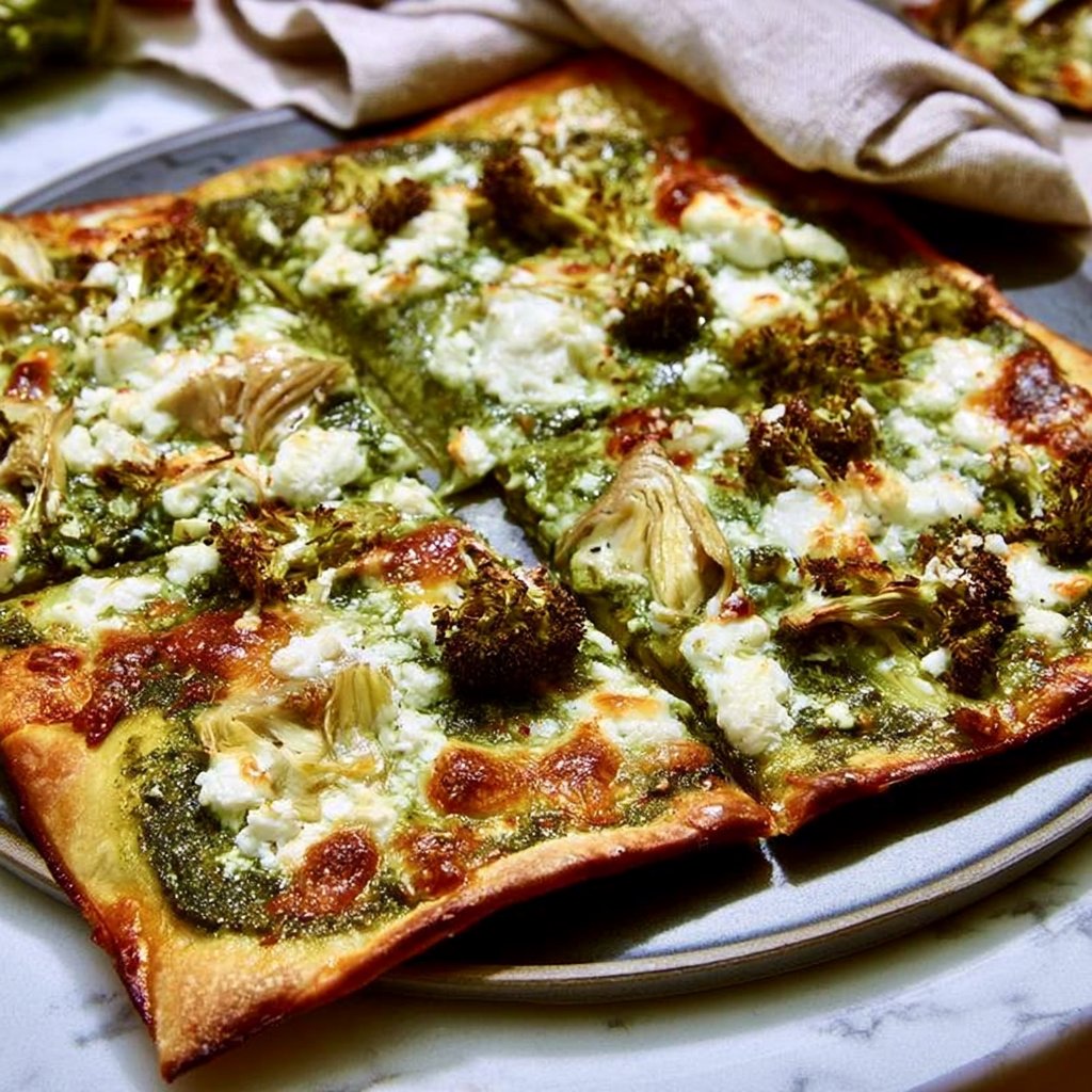Green Pizza with Pesto, Feta, Artichokes, and Broccoli