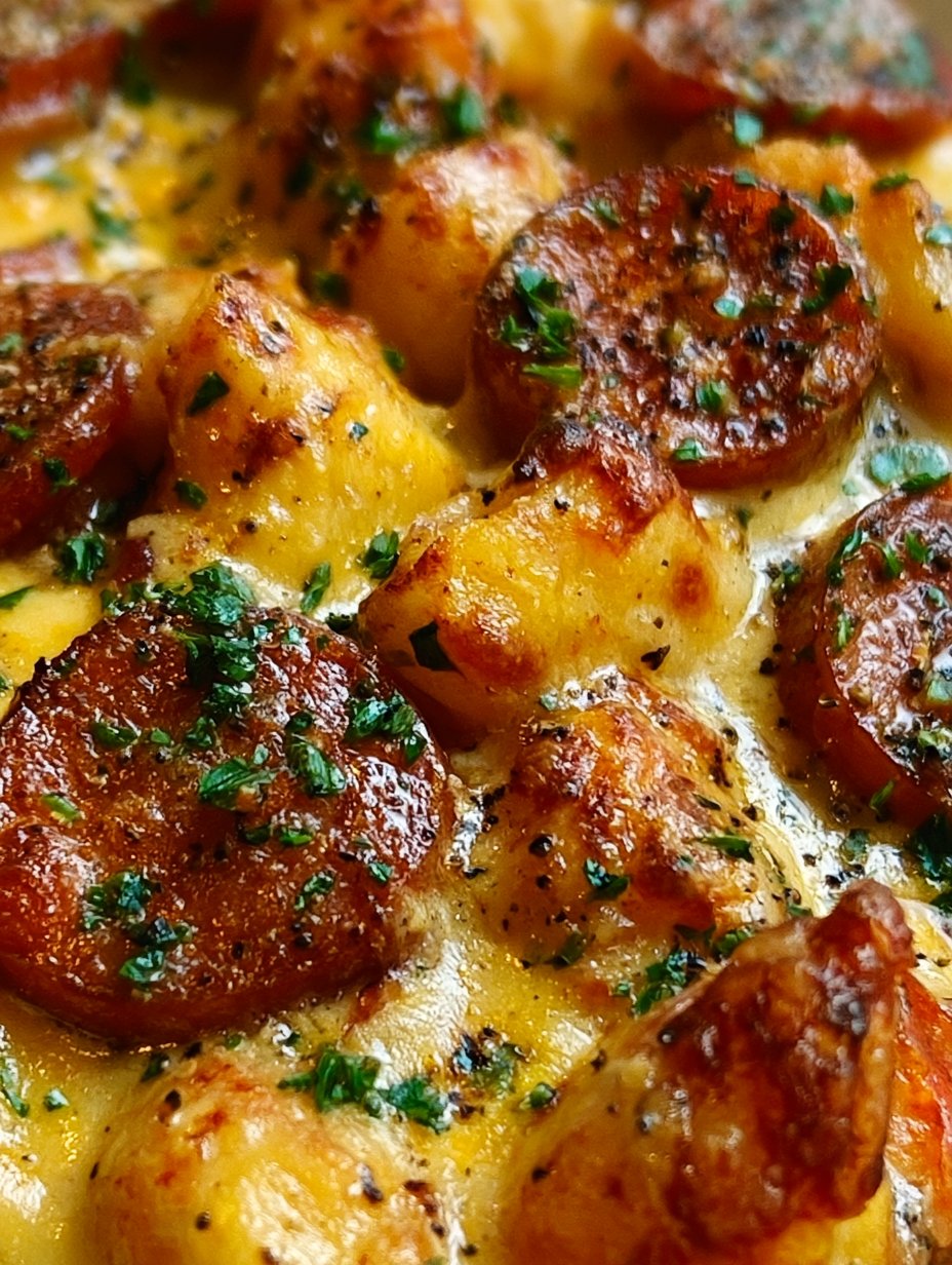 Cazuela de Papas con Queso y Salchichas Kielbasa
