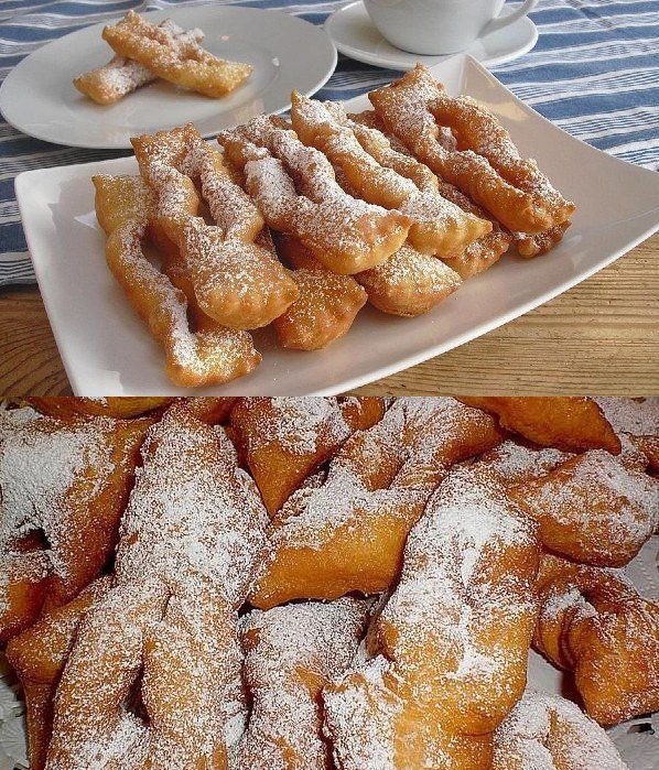 Frittierte Teigstreifen mit Puderzucker