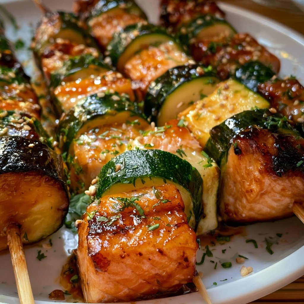 Teriyaki-Lachs und Zucchini-Spieße