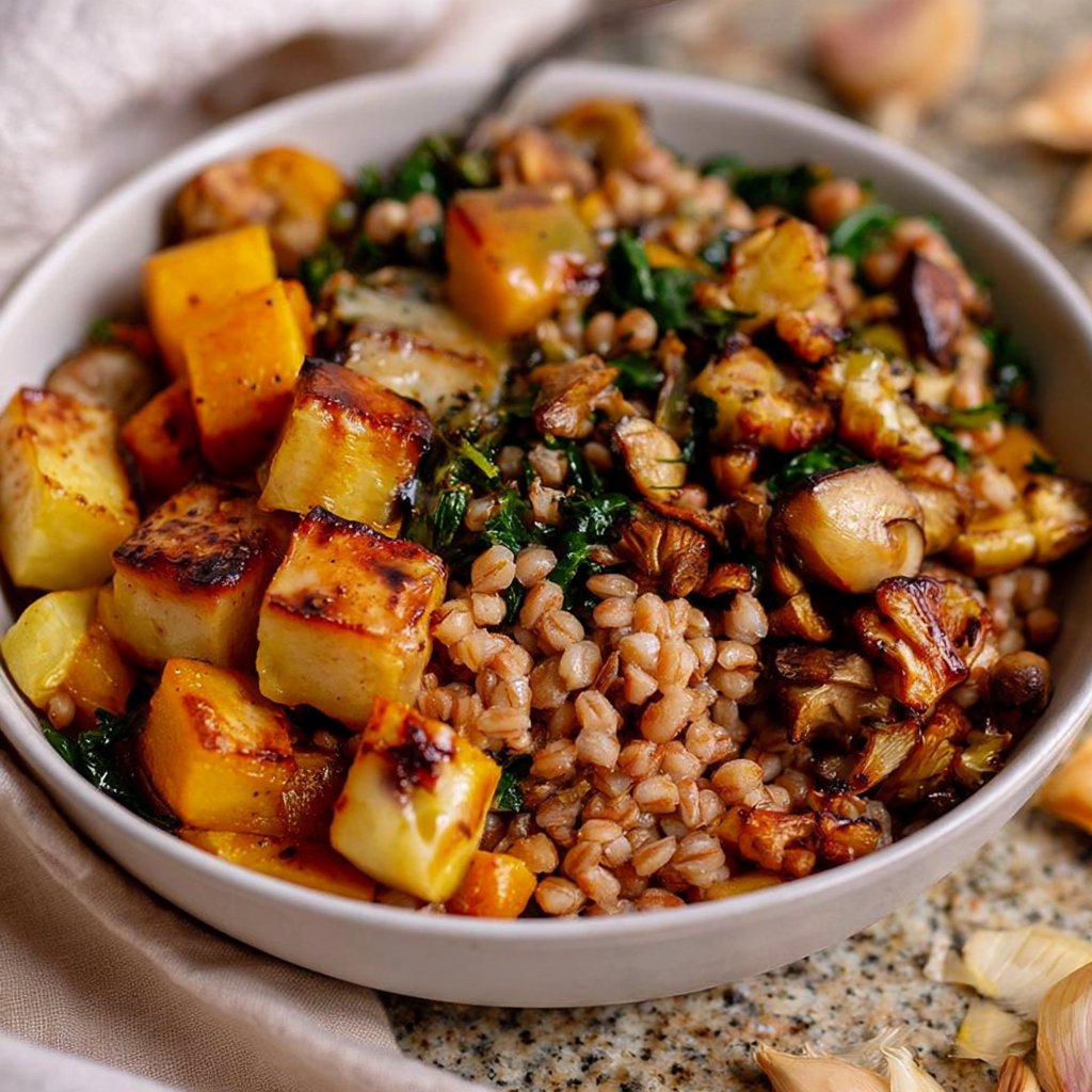 Fall Farro Grain Bowl with Roasted Veg and Crispy Cheese