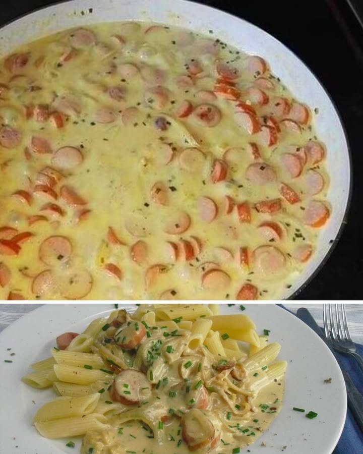 Wurst Senf Gulasch mit Penne