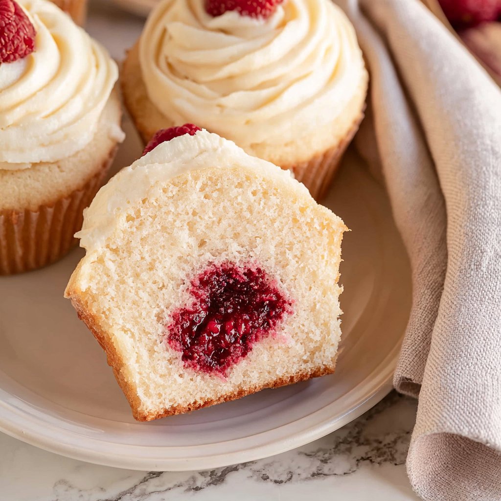 Almond Wedding Cake Cupcakes with Raspberry Filling