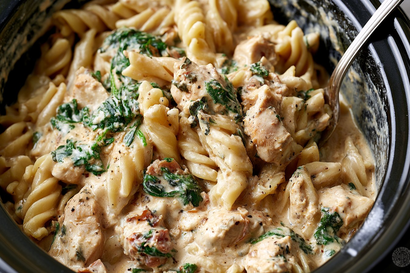 Crockpot Creamy Garlic Chicken Spinach Pasta