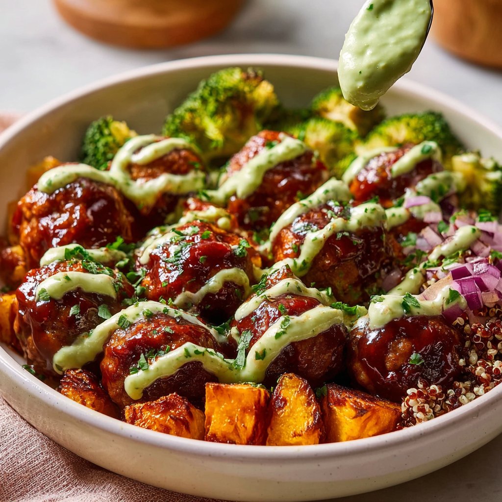 Barbecue Meatball Bowls with Avocado Goddess Sauce 3 Barbecue Meatball Bowls with Avocado Goddess Sauce