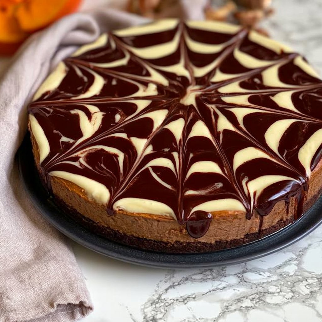 Chocolate Swirled Spiderweb Pumpkin Cheesecake