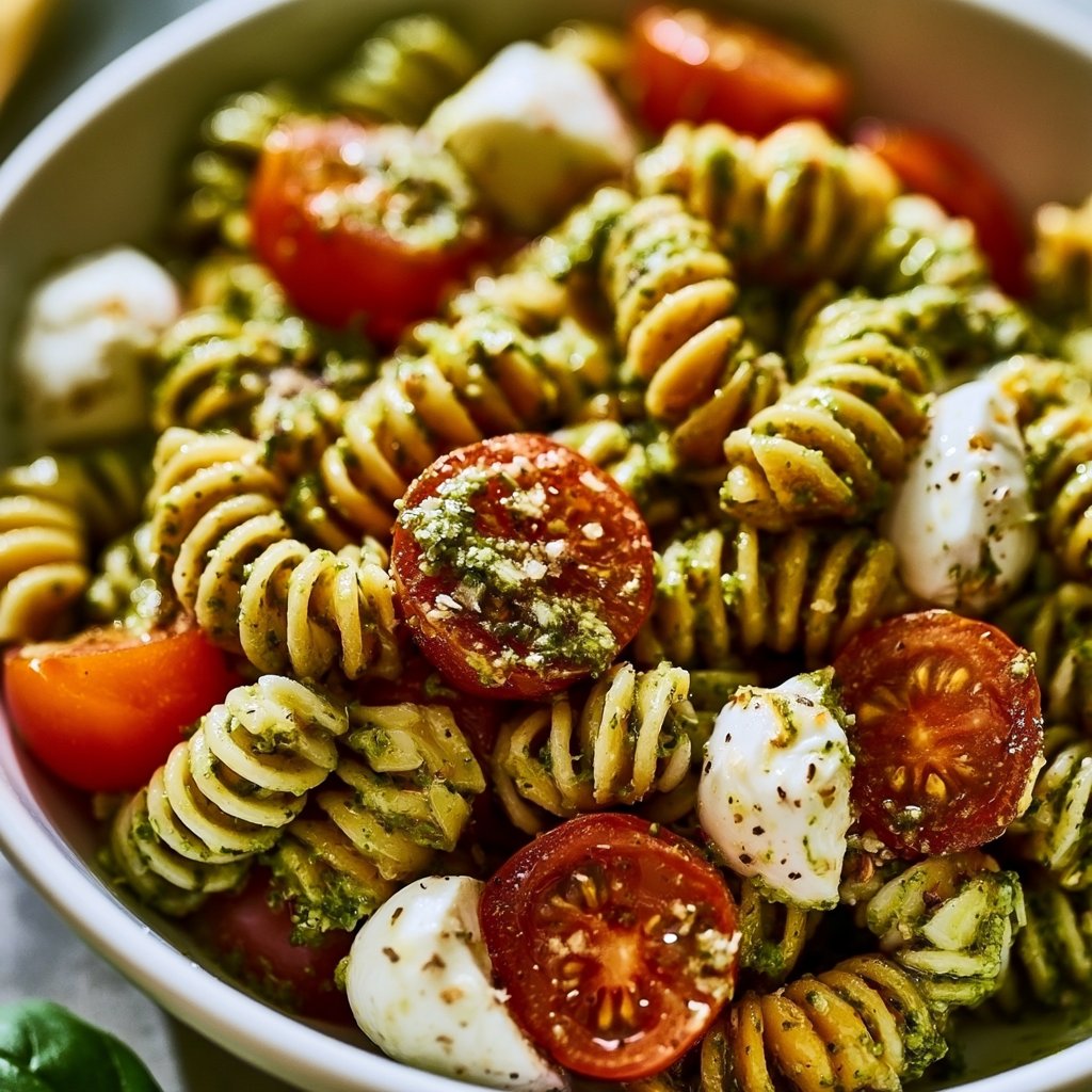 Pesto-Nudelsalat mit Tomaten und Mozzarella