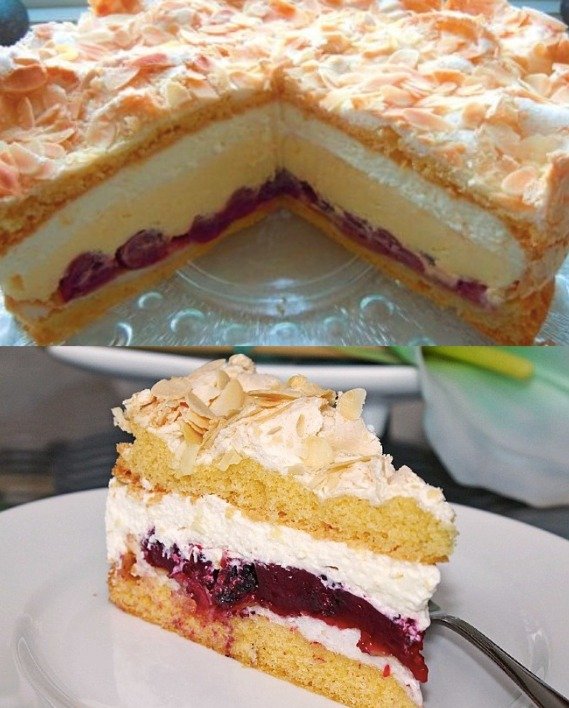 Schokoladen-Biskuitkuchen mit Meringue und Kirschen