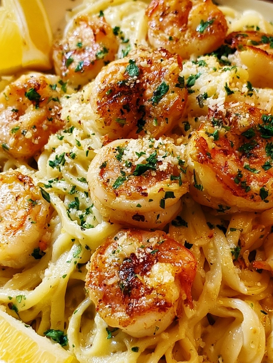 Pasta con camarones en salsa de mantequilla de ajo y limón