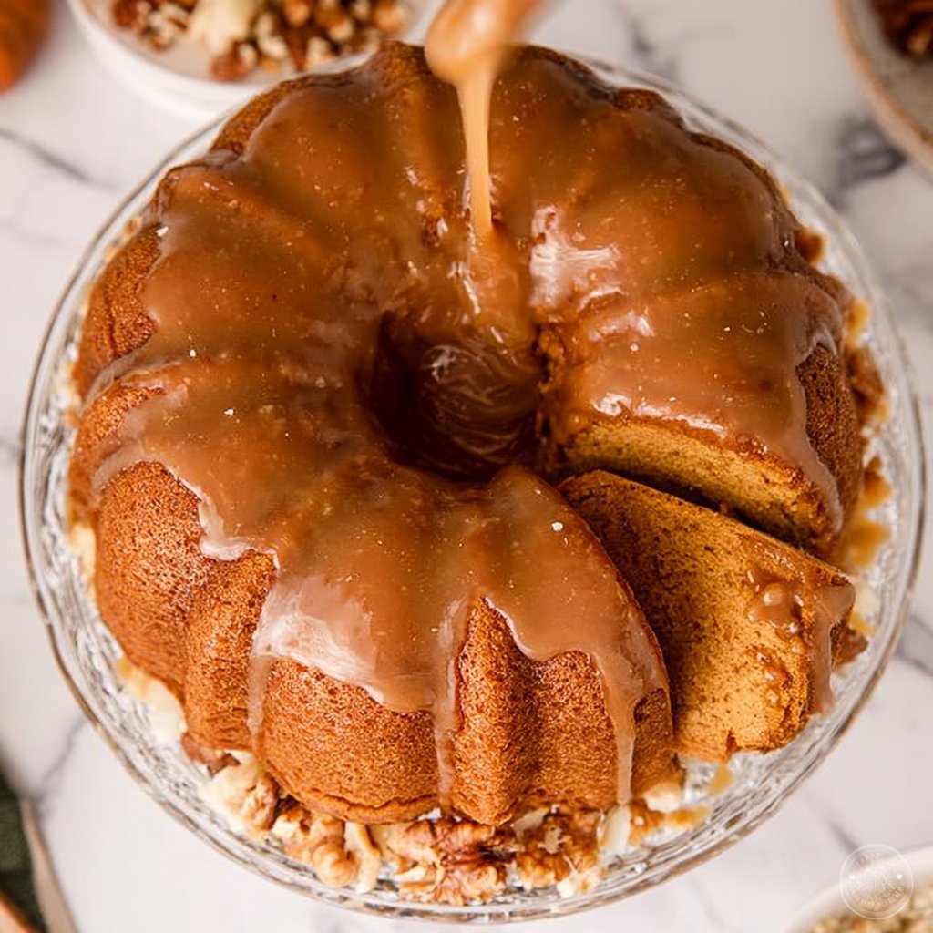 Moist Spiced Pumpkin Bundt Cake with Salted Caramel